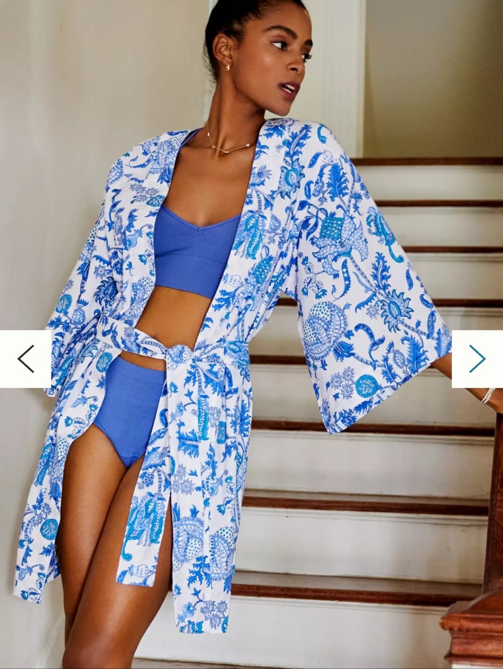 Anthropologie Roller Rabbit Blue & White Floral Cotton Kimono Robe One Size